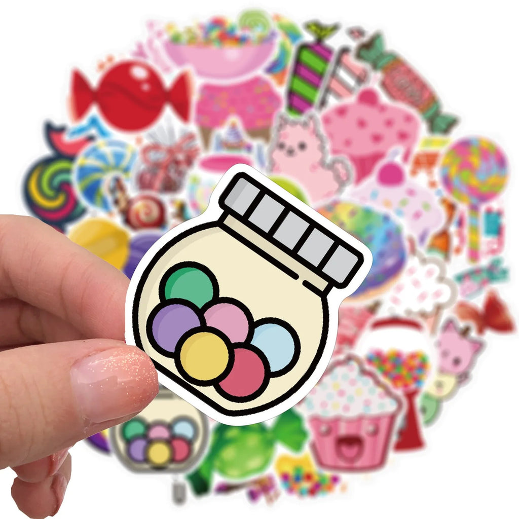 Pack of 50 colourful candy theme graffiti stickers, each measuring 4-6cm.
