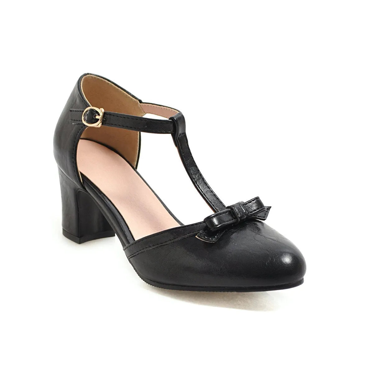 Women's apricot coloured chunky heel sandals with a bow tie and adjustable buckle strap.
