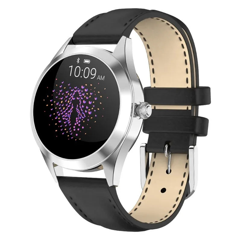 Women's multi-functional sports smartwatch showing heart rate monitoring and waterproof features