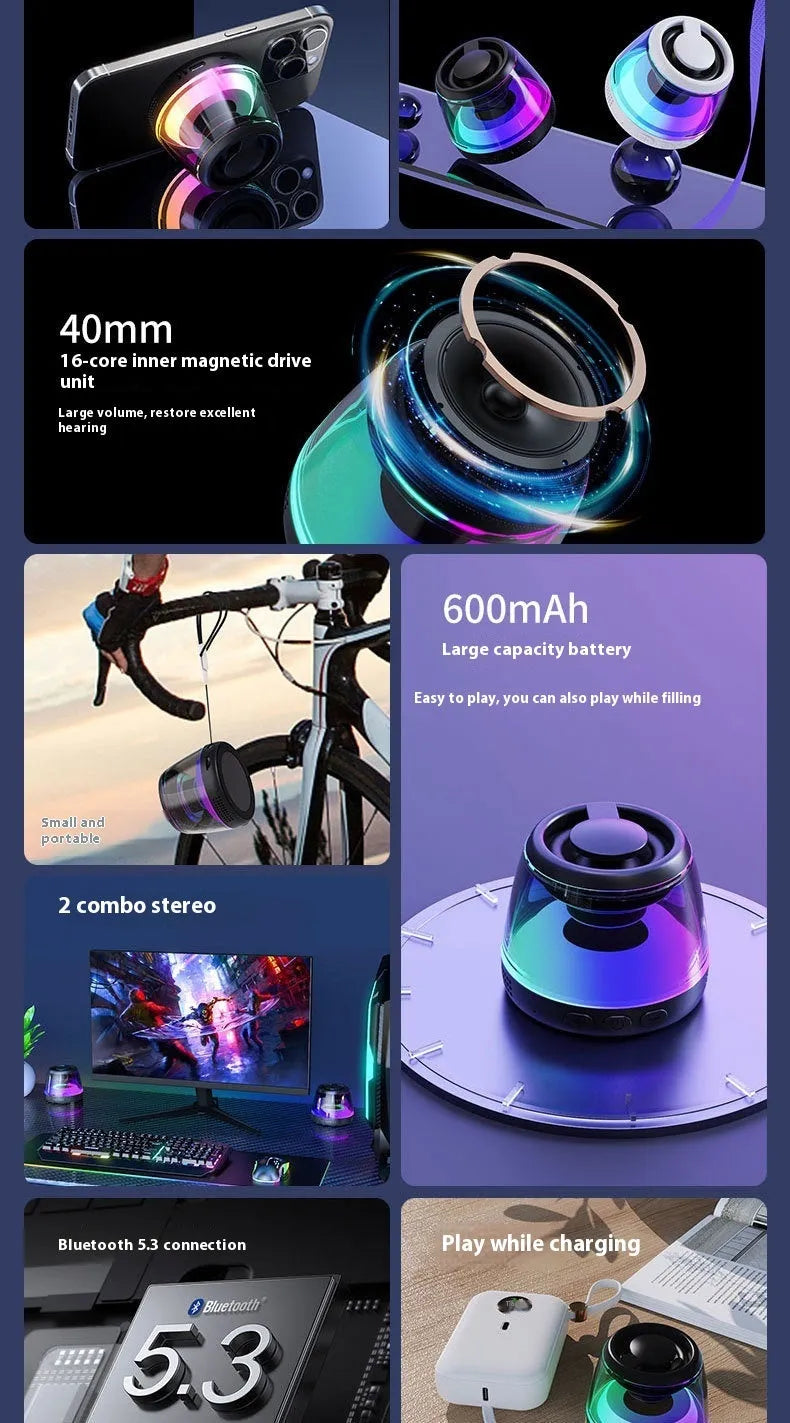 Portable wireless Bluetooth speaker with magnetic base and ambient lighting in black or white colour