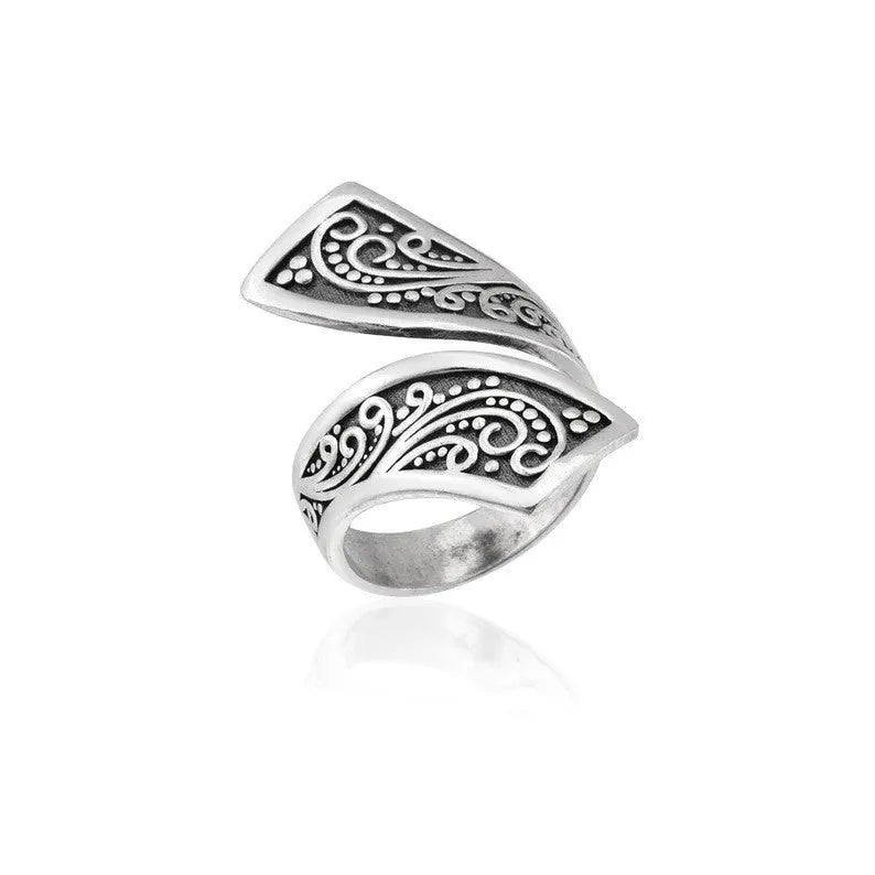 Silver-colour adjustable opening women's ring with retro minimalist design on white background