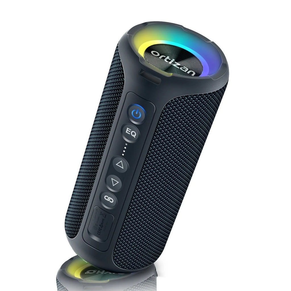 Black and blue fabric wireless Bluetooth speaker with lighting effects showing front view