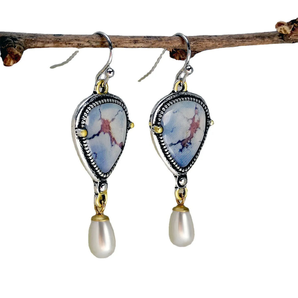 Retro blue drop earrings with two-colour electroplating and geometric bohemian design