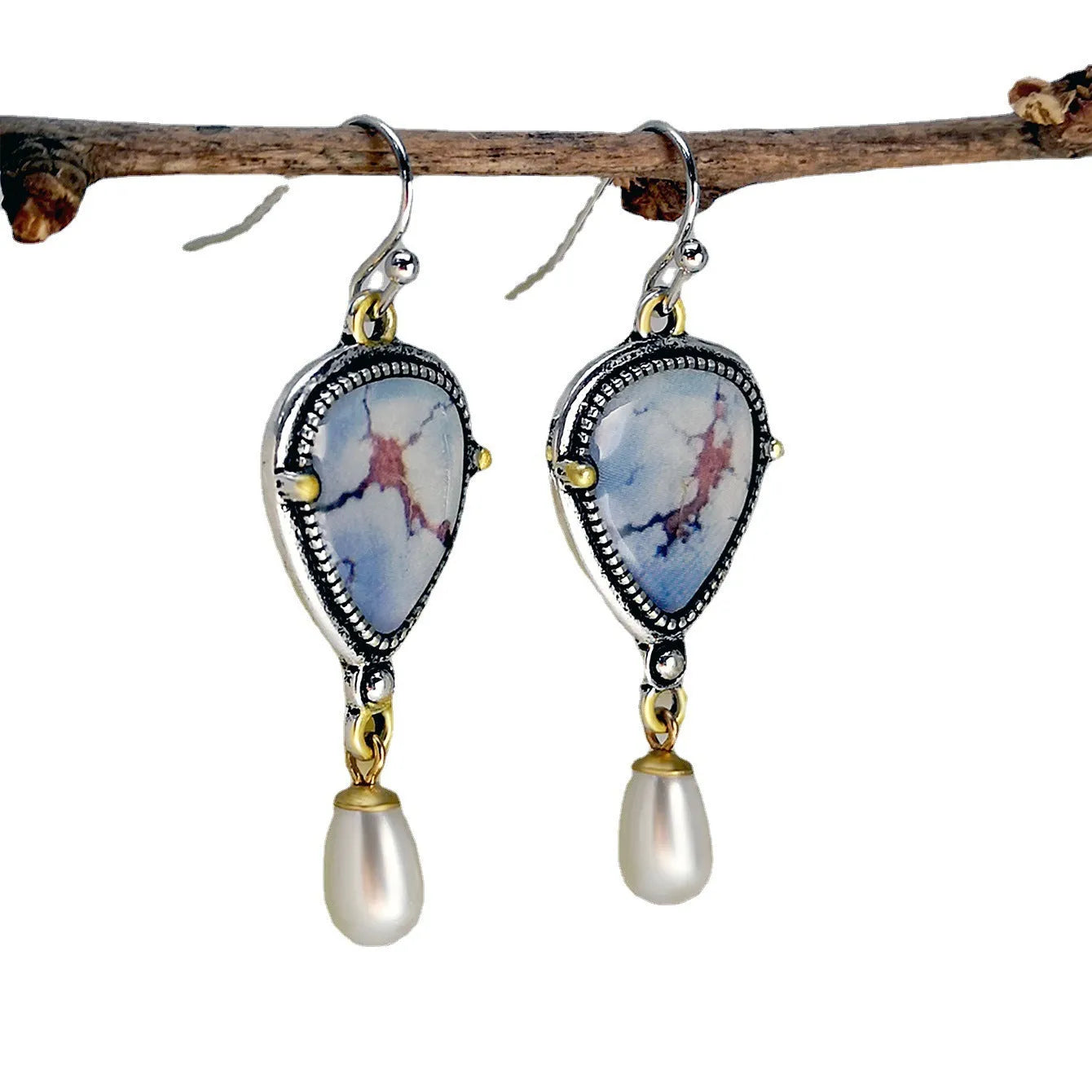 Retro blue drop earrings with two-colour electroplating and geometric bohemian design