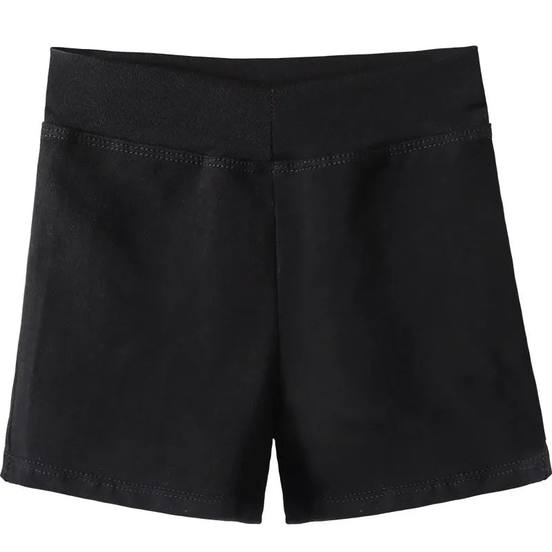 Black cotton ballet dance shorts for women, laid flat showing solid colour and stretch fit.