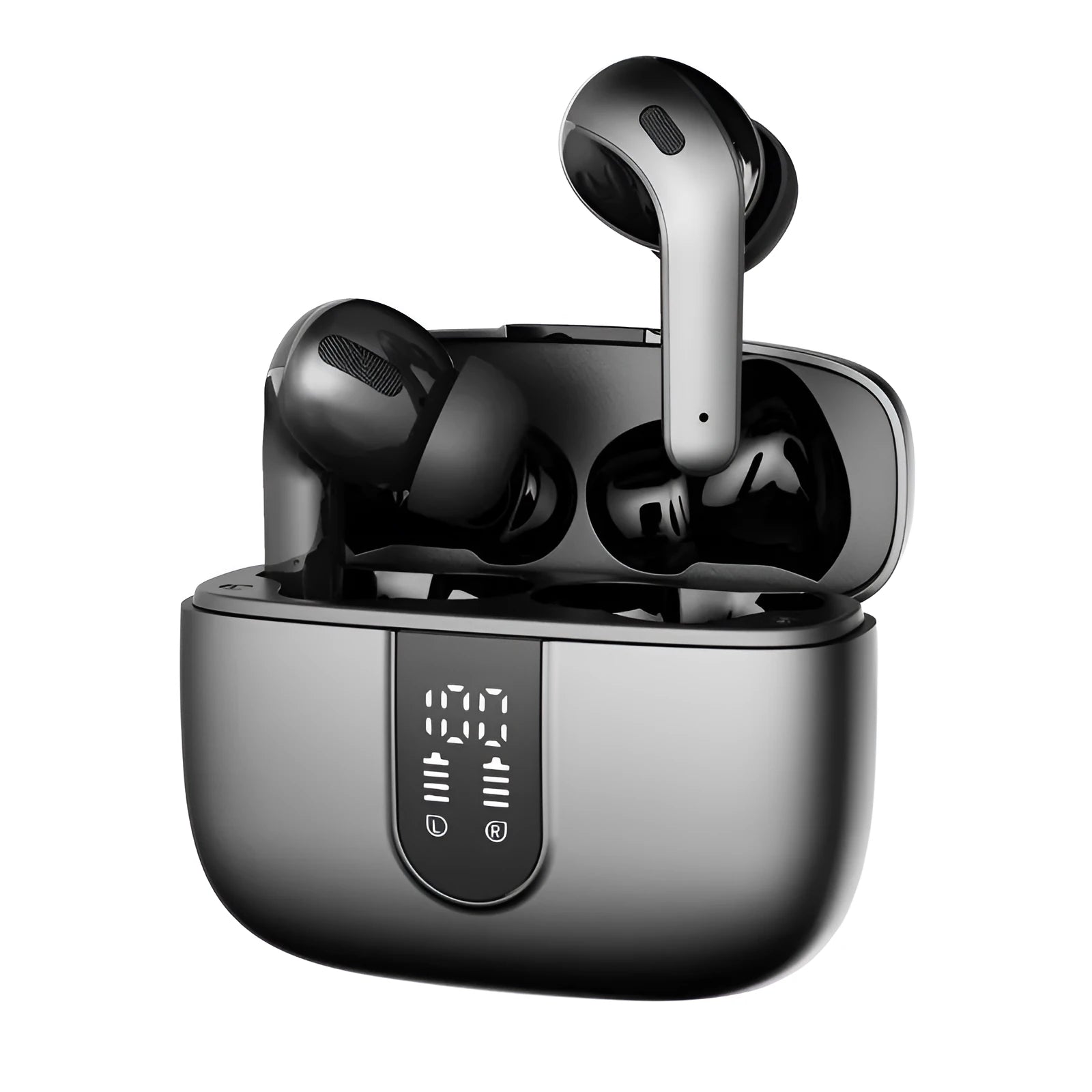 Jerry X08 wireless Bluetooth earbuds in black with digital display and charging case.