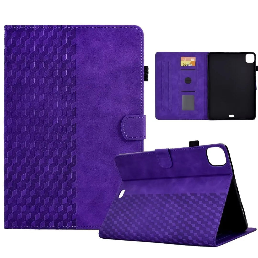 Leather tablet case for iPad Pro 11 with card slot and folded-out kickstand, shown in diamond black finish.
