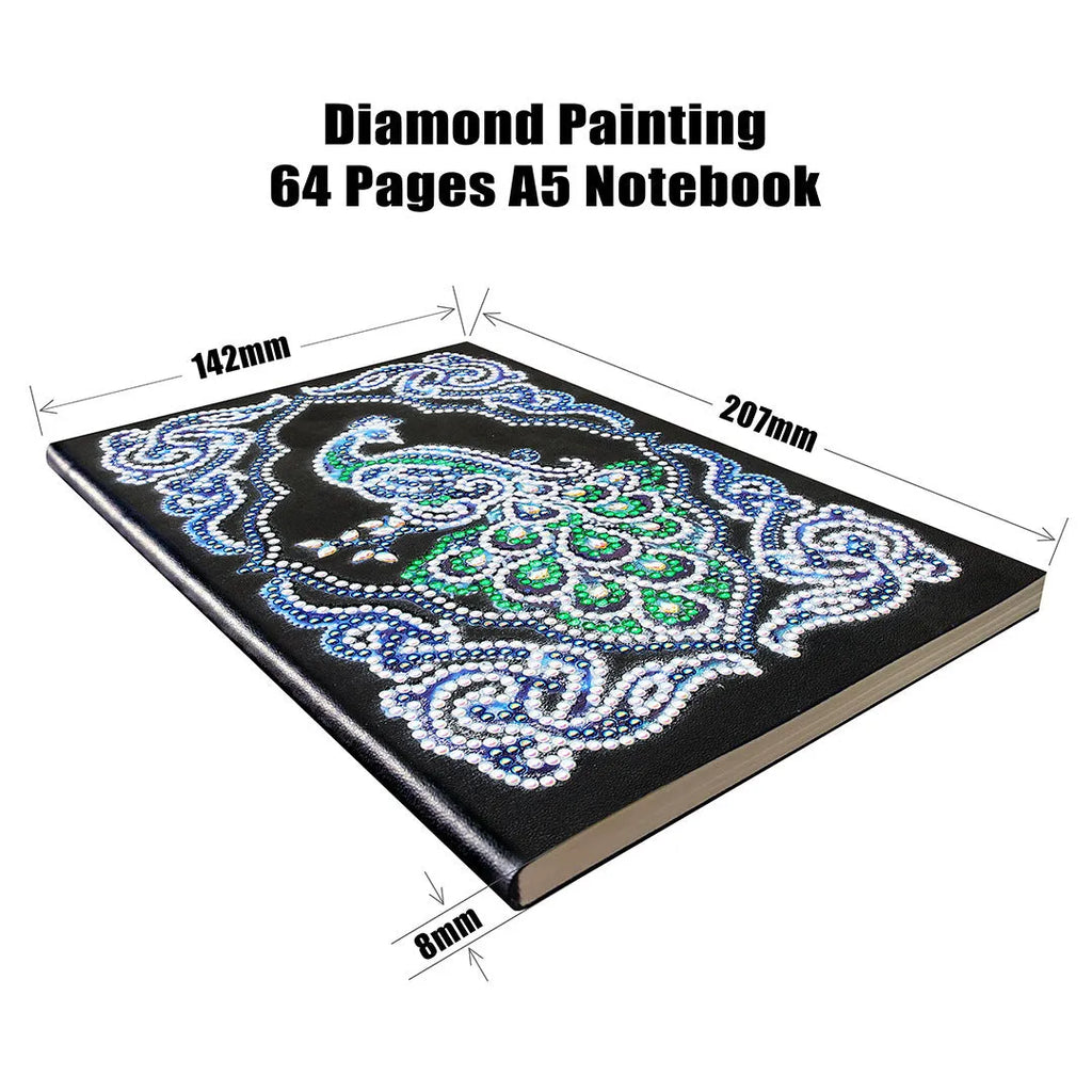 Black hardcover A5 diamond painting notebook with peacock beauty design, showing dimensions 142mm by 207mm.