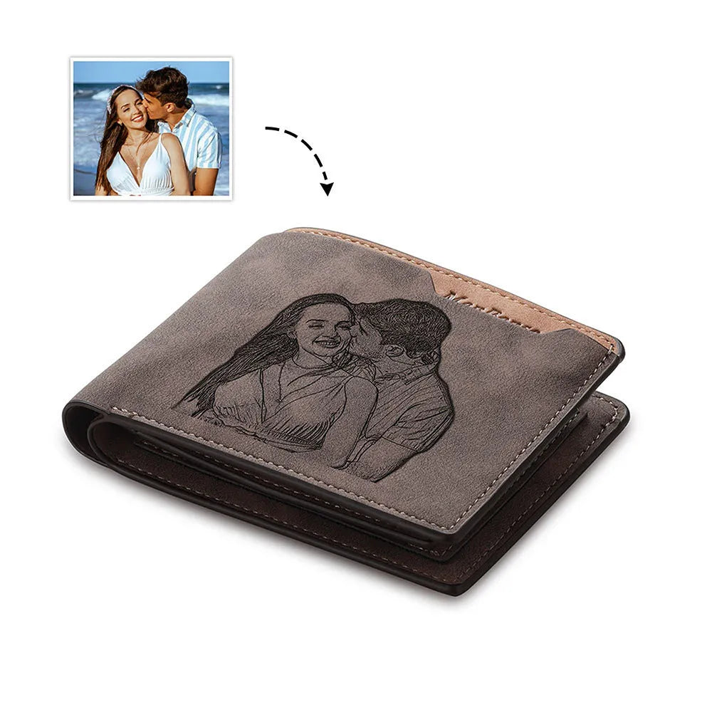 Coffee coloured engraved horizontal short wallet showing personalisation and compact 120x99x25mm dimensions