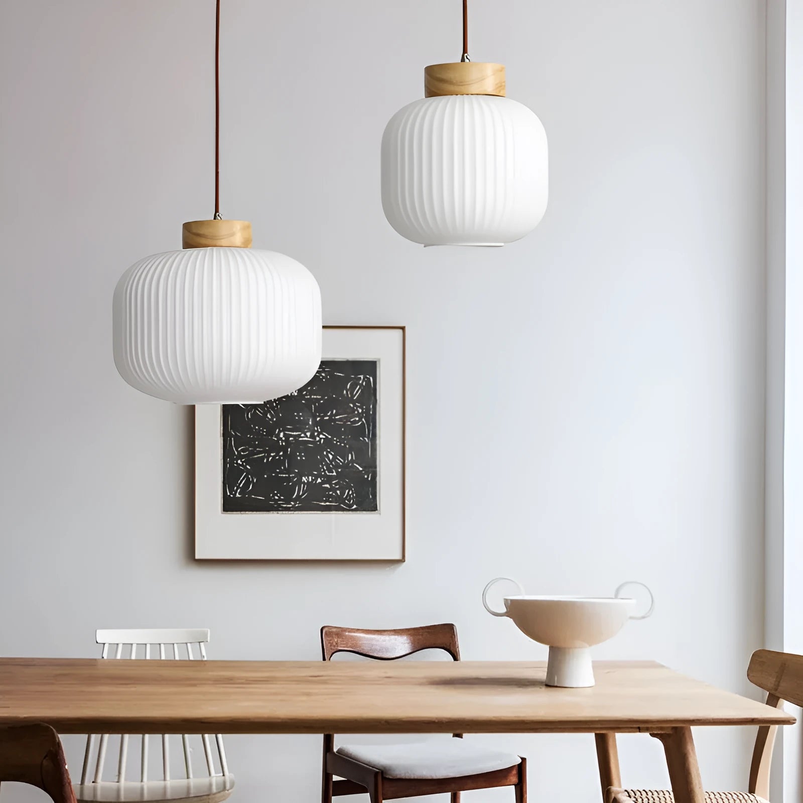 Nordic-style retro wooden pendant ceiling light with a natural wood finish, shown in a bedroom setting.