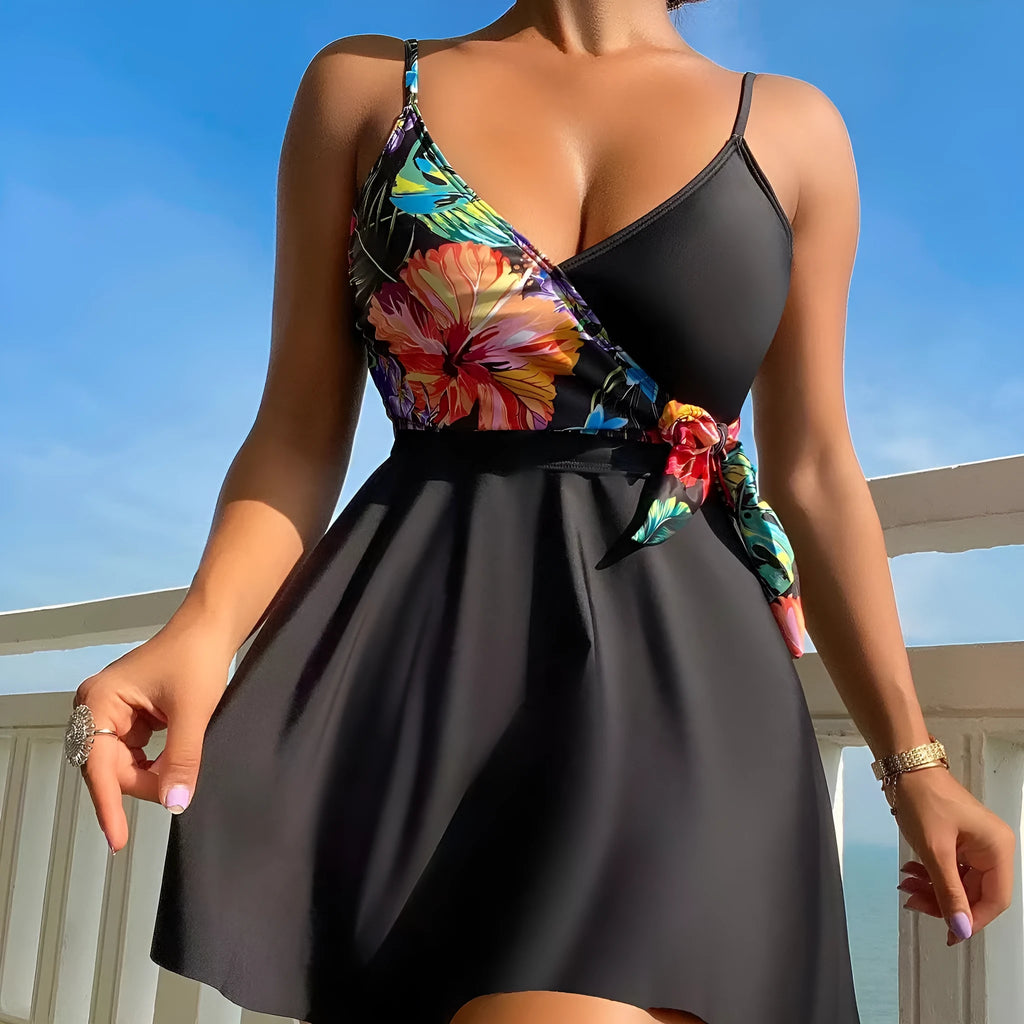 Women's black high waist briefs with split bikini construction and printed design for swimming and sports