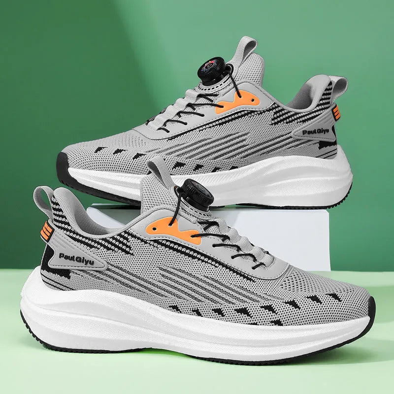 Men's low-top casual running shoes in black with Fly-kit mesh upper, rotating buckle, and lace-up front.