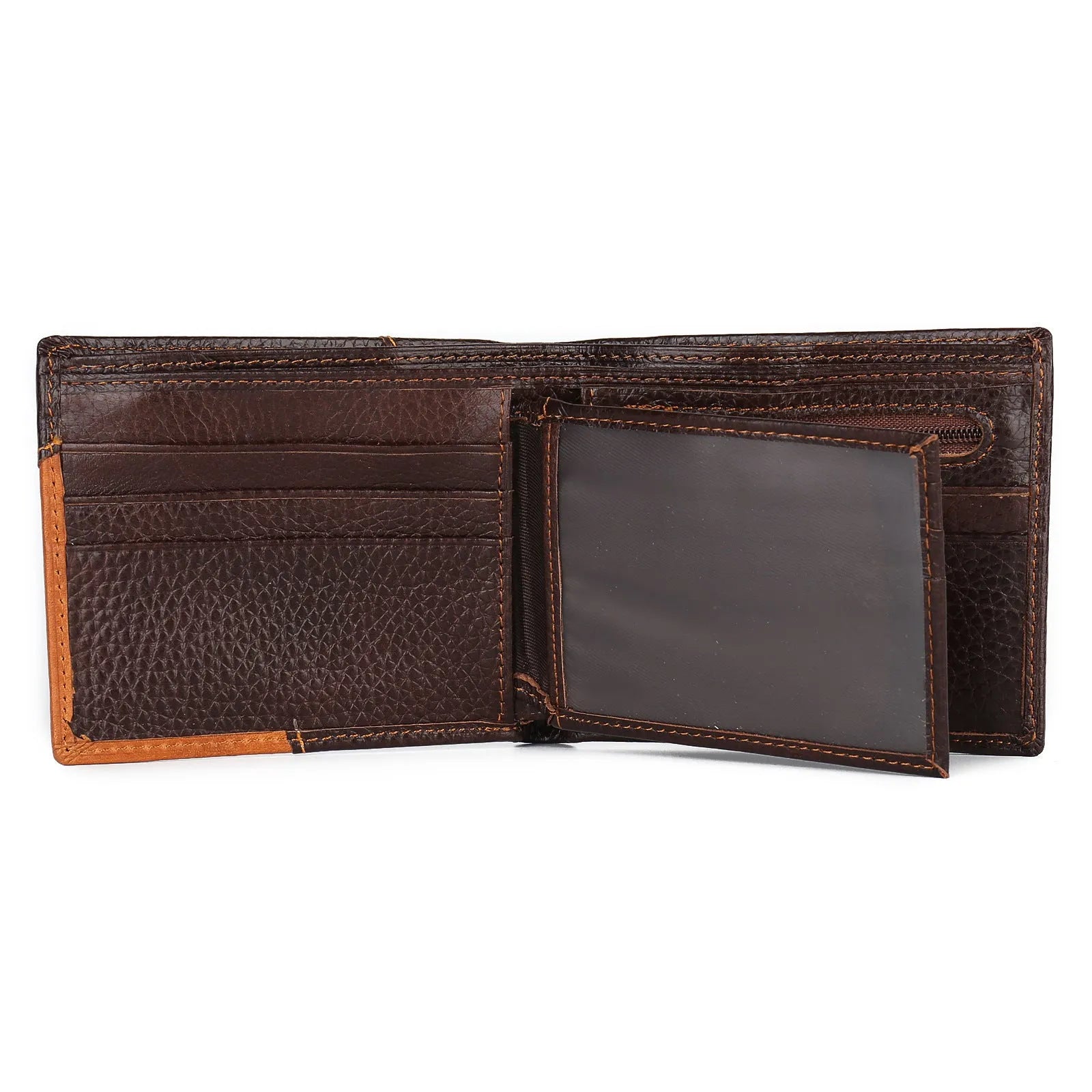 Men's soft cowhide leather trifold wallet open showing card slots, bill section, and zip compartment.