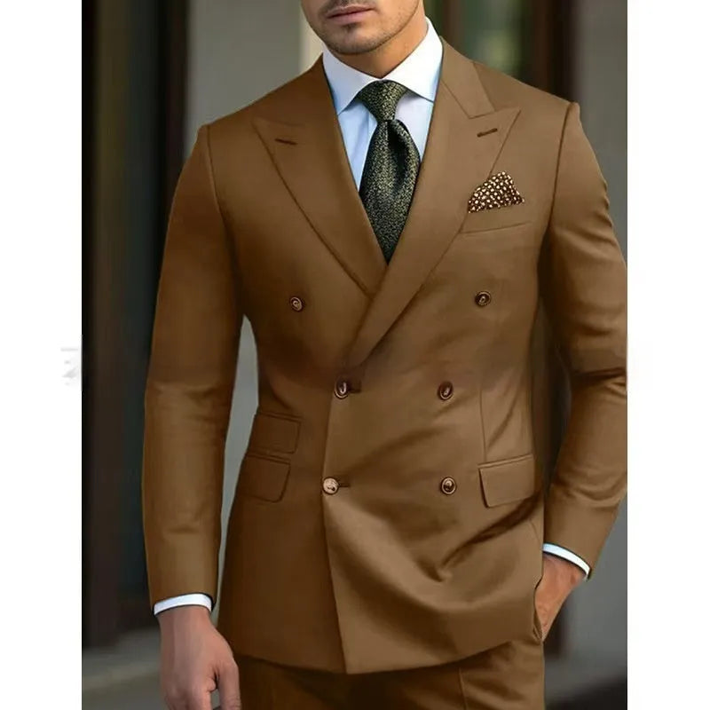 Men's two piece light business suit set in cotton blend fabric available in brown navy and gray sizes XXS to 7XL
