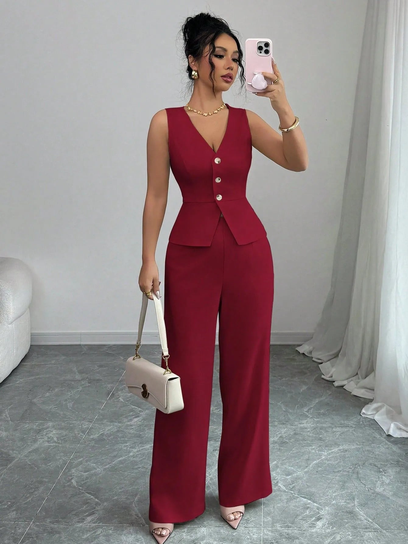 Women's sleeveless vest and high-waist trousers two-piece set in solid colour polyester fabric