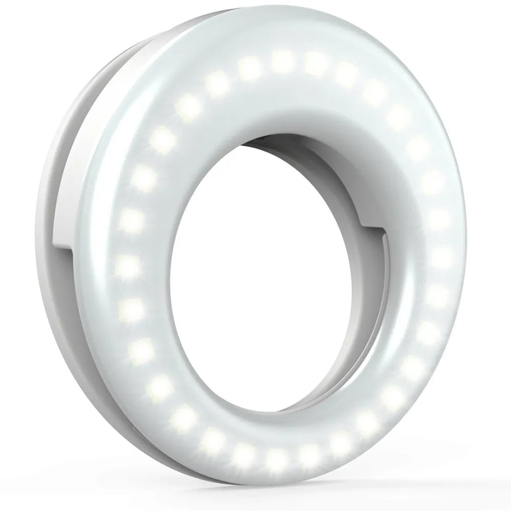 Compact black LED selfie ring light for mobile phone with USB cable for recharging.