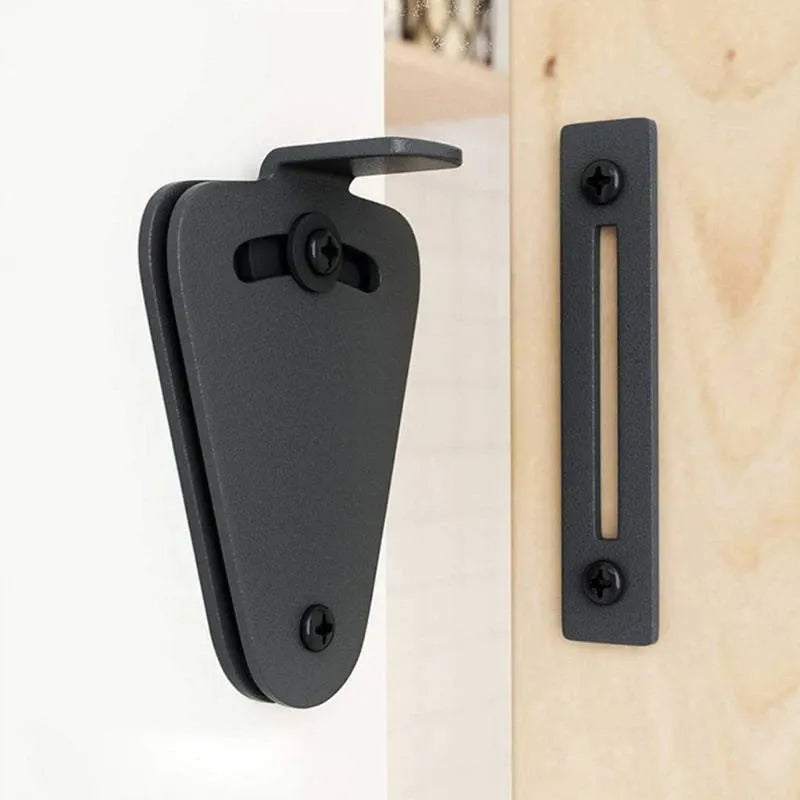 Black stainless steel sliding barn door lock shown in S and M sizes for different door gaps.