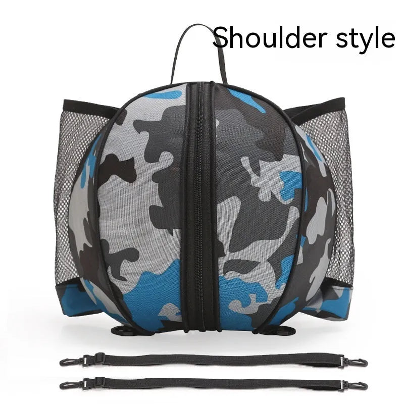 Black Oxford cloth basketball training bag with a single shoulder strap, shown next to a basketball.