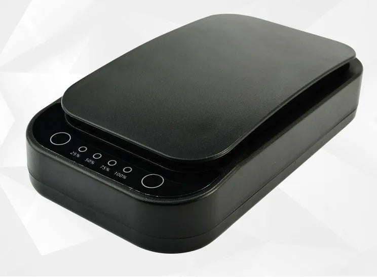 Blue and white ultraviolet disinfection box for mobile phones with wireless charging and aromatherapy functions.