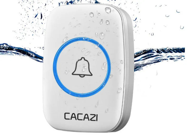 Wireless doorbell receiver and push button transmitter with colour options of black, white, silver, and gold.