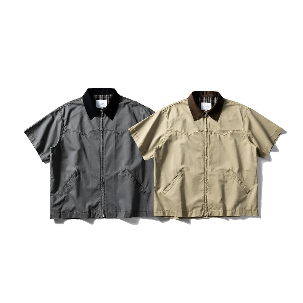 Washed khaki grey short sleeve overalls shirt loose cardigan style on hanger