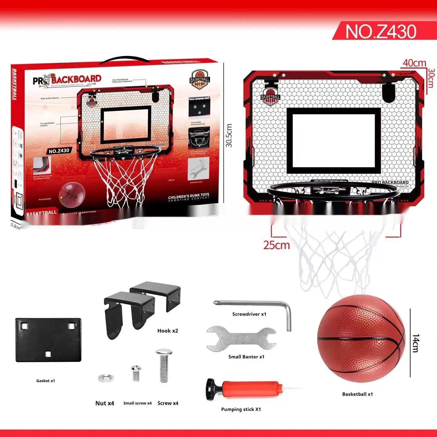 Red and blue folding basketball frame with scoring panels, suction cups, and iron hook