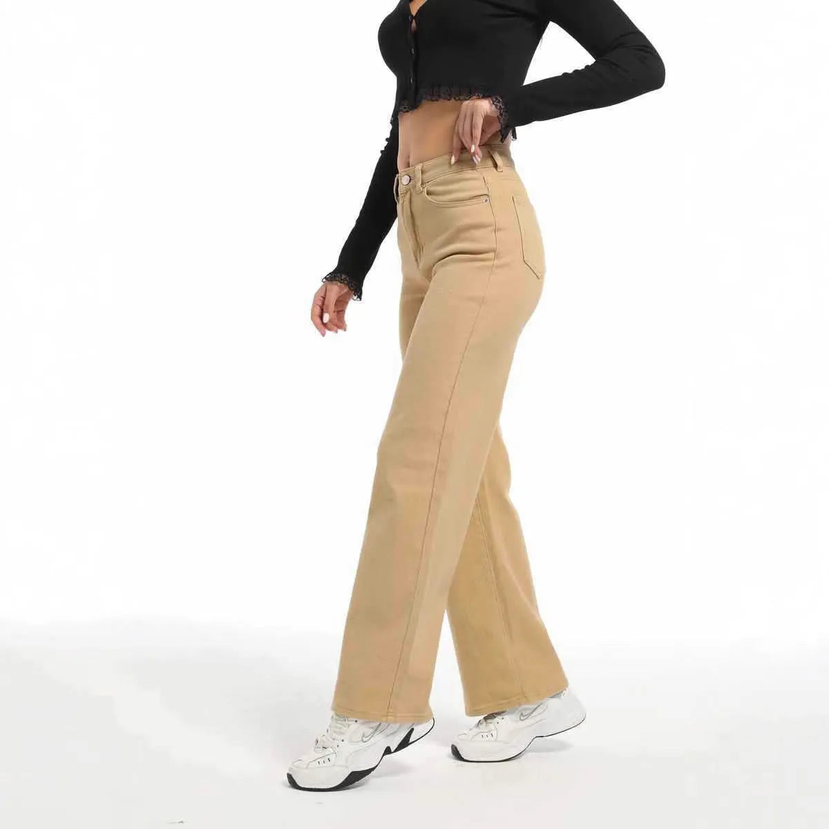 Women's high waist straight jeans in apricot and khaki colours with wide leg cut