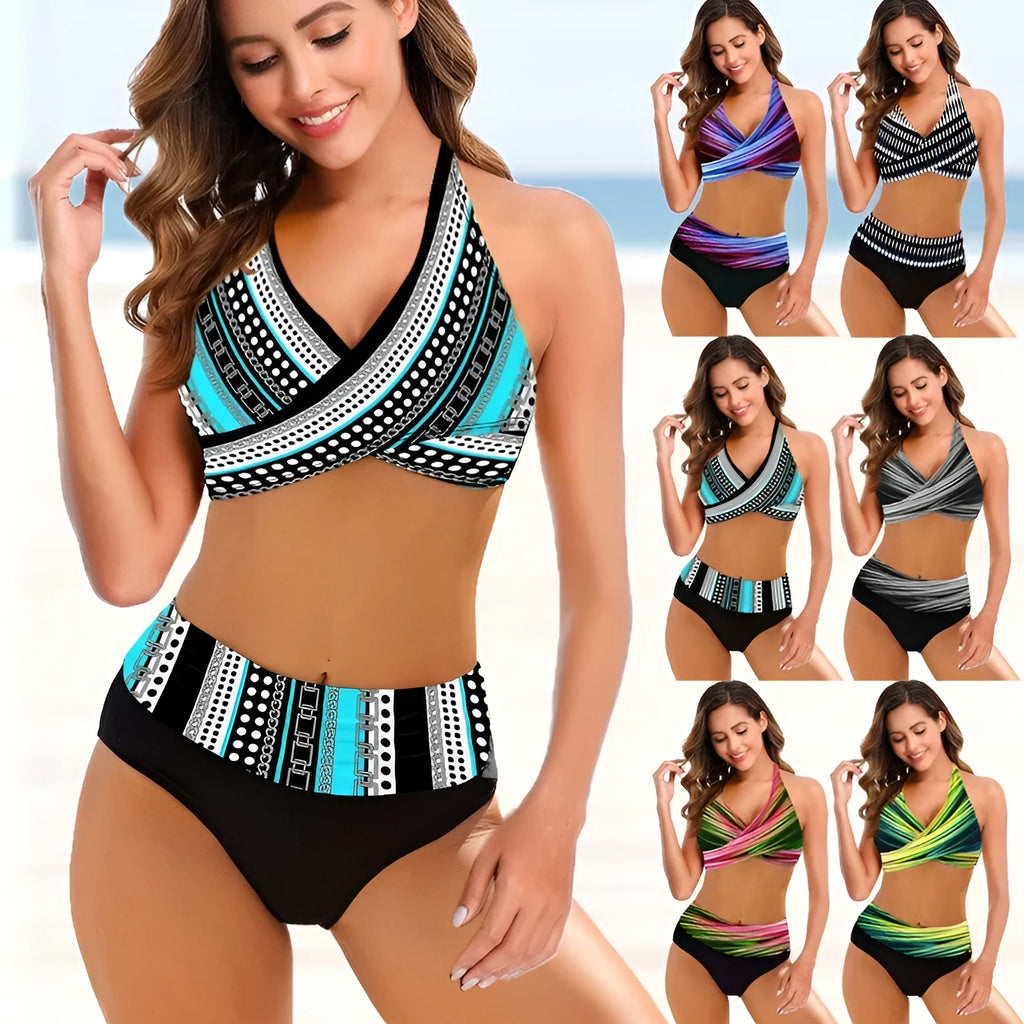 European American ladies striped tie-dye hollow bikini swimsuit with high-waist briefs and backless design