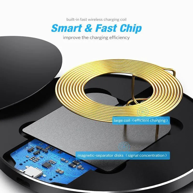 Black ultra-thin wireless charging pad with 98mm square surface for smartphone fast charging