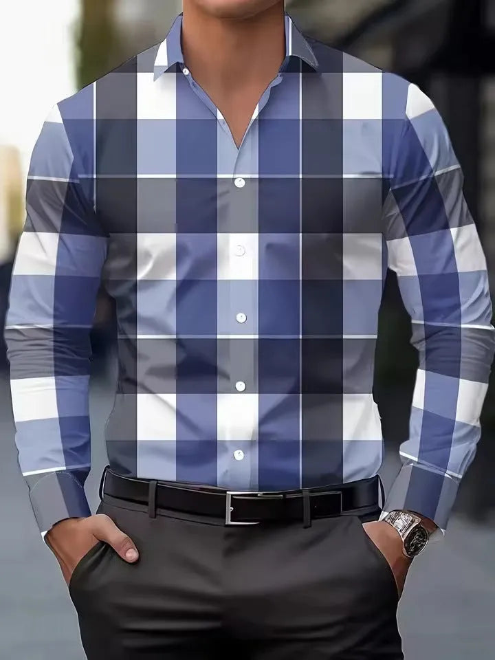 Men's striped long sleeve button-down shirt in polyester, shown in one of four available colours.