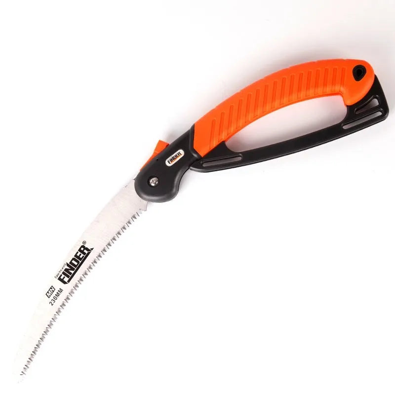 A folded and open 230mm garden trunk saw with a TPR grip and 65MN steel blade.