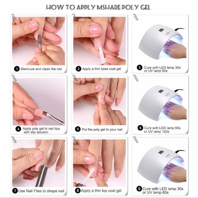 MSHARE Acrylic Poly Gel Nail set with UV builder gel, slip solution, in 30g pot and pink colour on white background