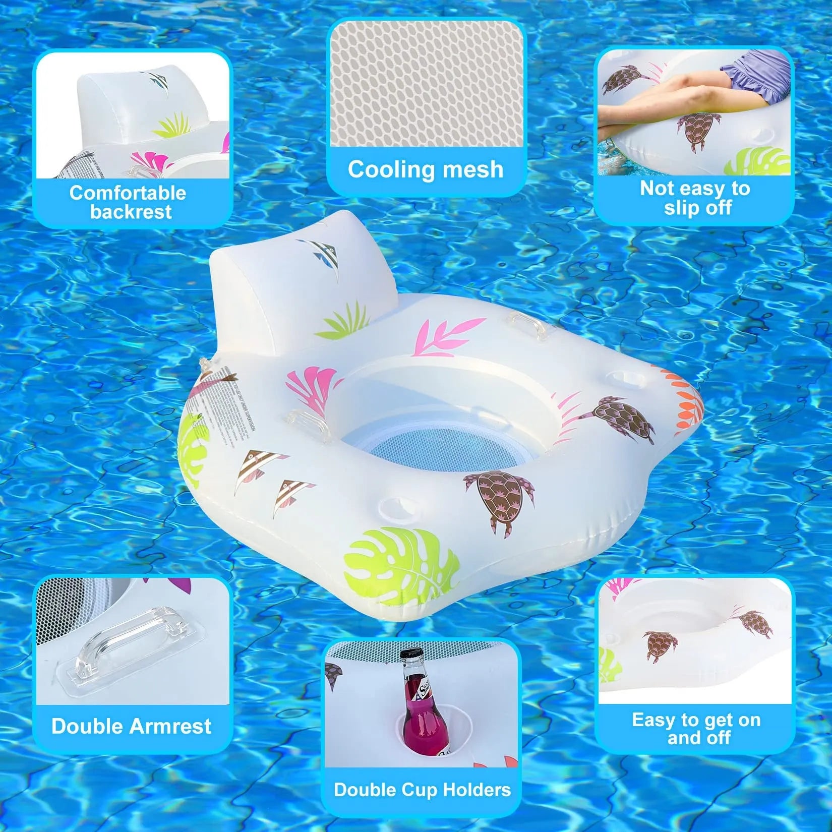 White U-shaped inflatable float with luminous features floating in water