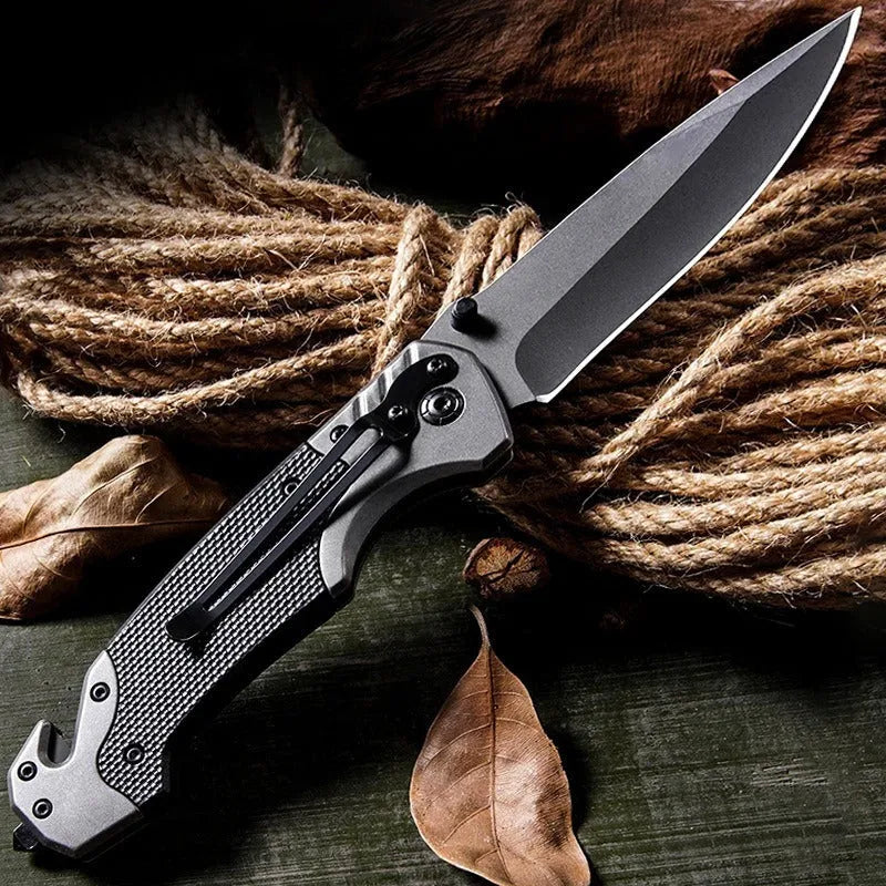 Alloy folding knife with extended blade showing 60-degree tip angle and handle options
