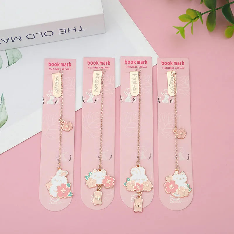 Metal pendant bookmark with cartoon cherry cat design for book marking