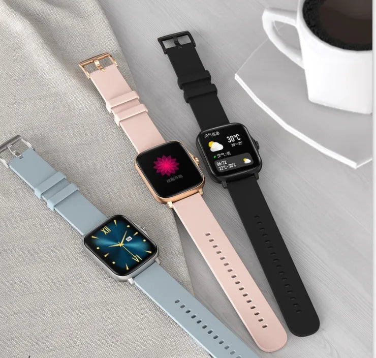 Blue smart watch with 1.7-inch colour touch screen on a wrist, showing fitness data.