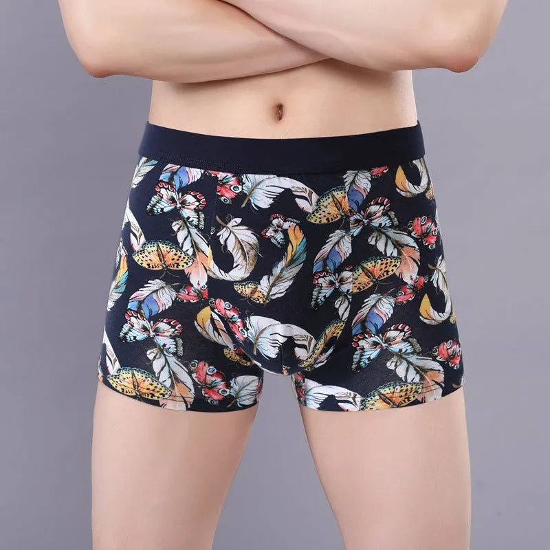 Men's cotton boxer underwear with U-shaped design in floral pattern colours