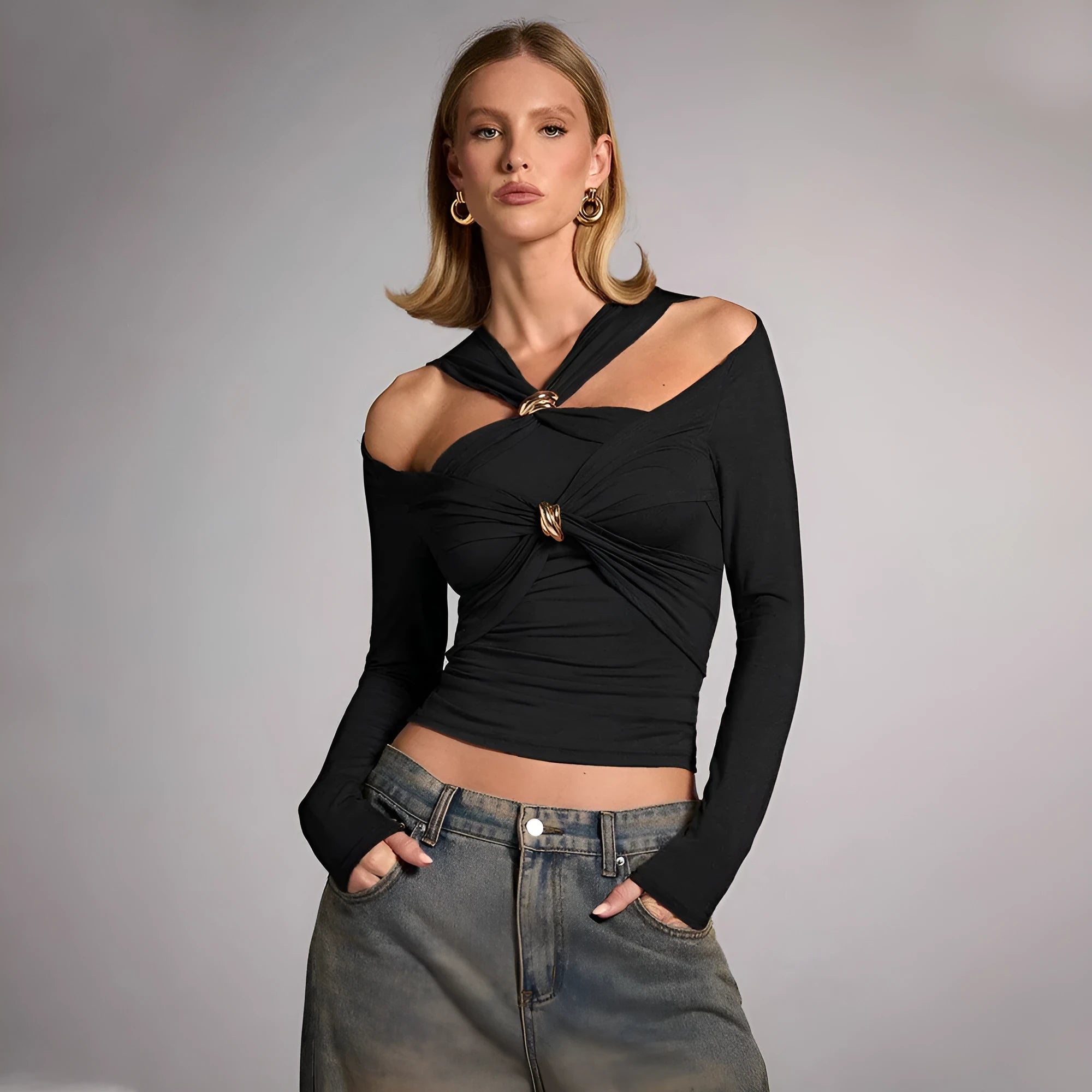 Black women's halter top with long sleeves in a slim fit.