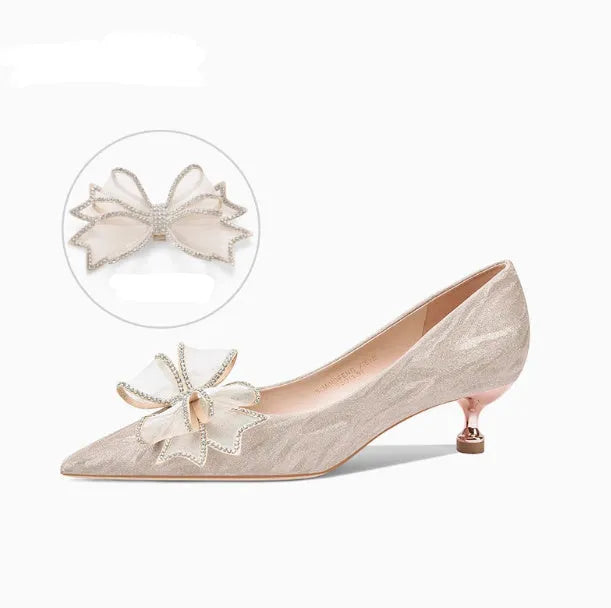 Champagne gold crystal sequin pointed toe stiletto heel wedding shoes with low-cut vamp