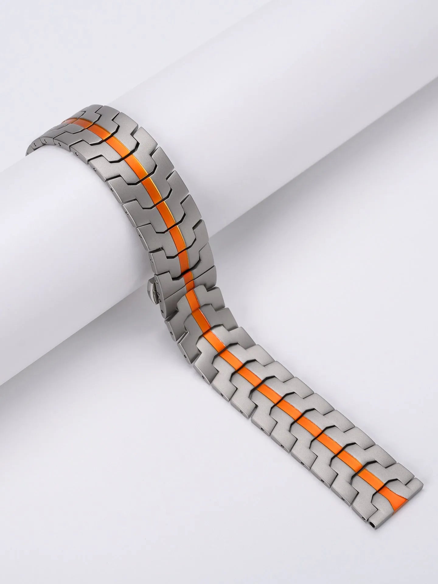 Stainless steel watch band for Samsung Galaxy Watch in silver, black, titanium, blue, and two-tone colour options.