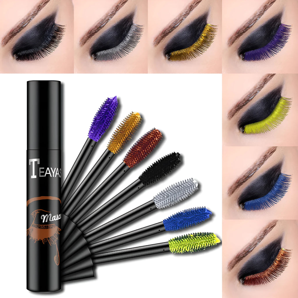 Color fluorescent mascara in seven shades: black, blue, brown, gold, green, purple, and silver