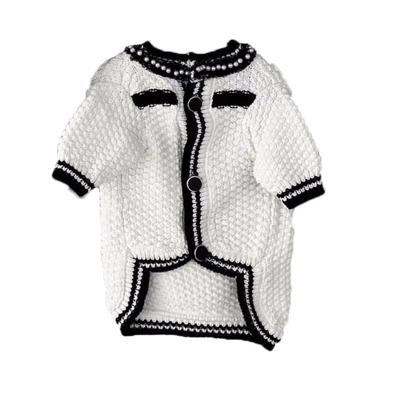 Korean style white dog sweater with pearl collar detail on small breed dog