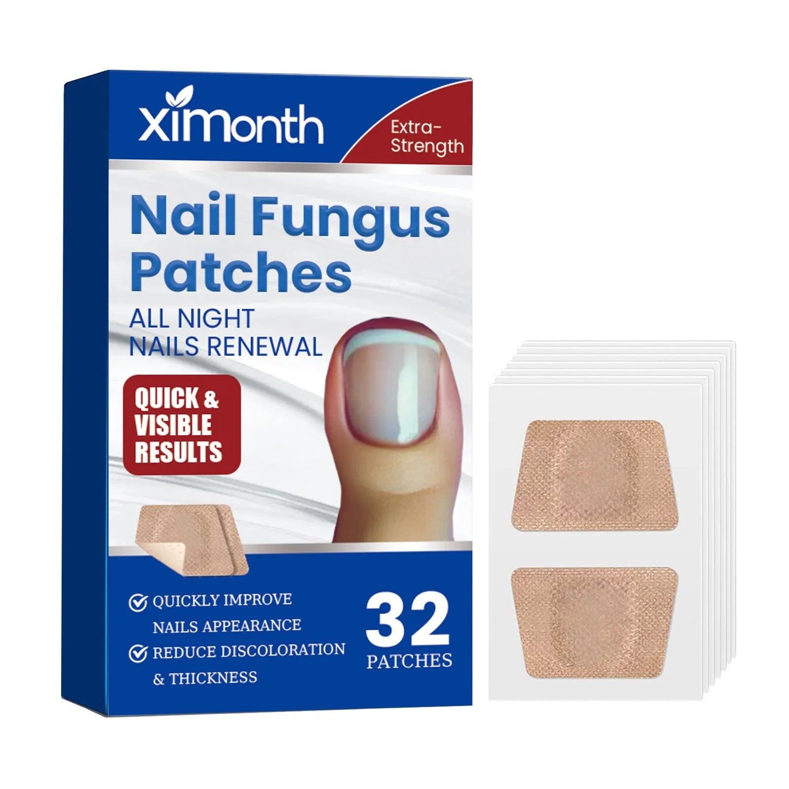 Box of 32 nail repair adhesive bandage patches for damaged or split fingernails.