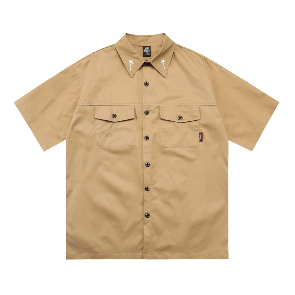 Men's black plus-size loose fit cotton blend shirt with embroidered pocket detail and half sleeves