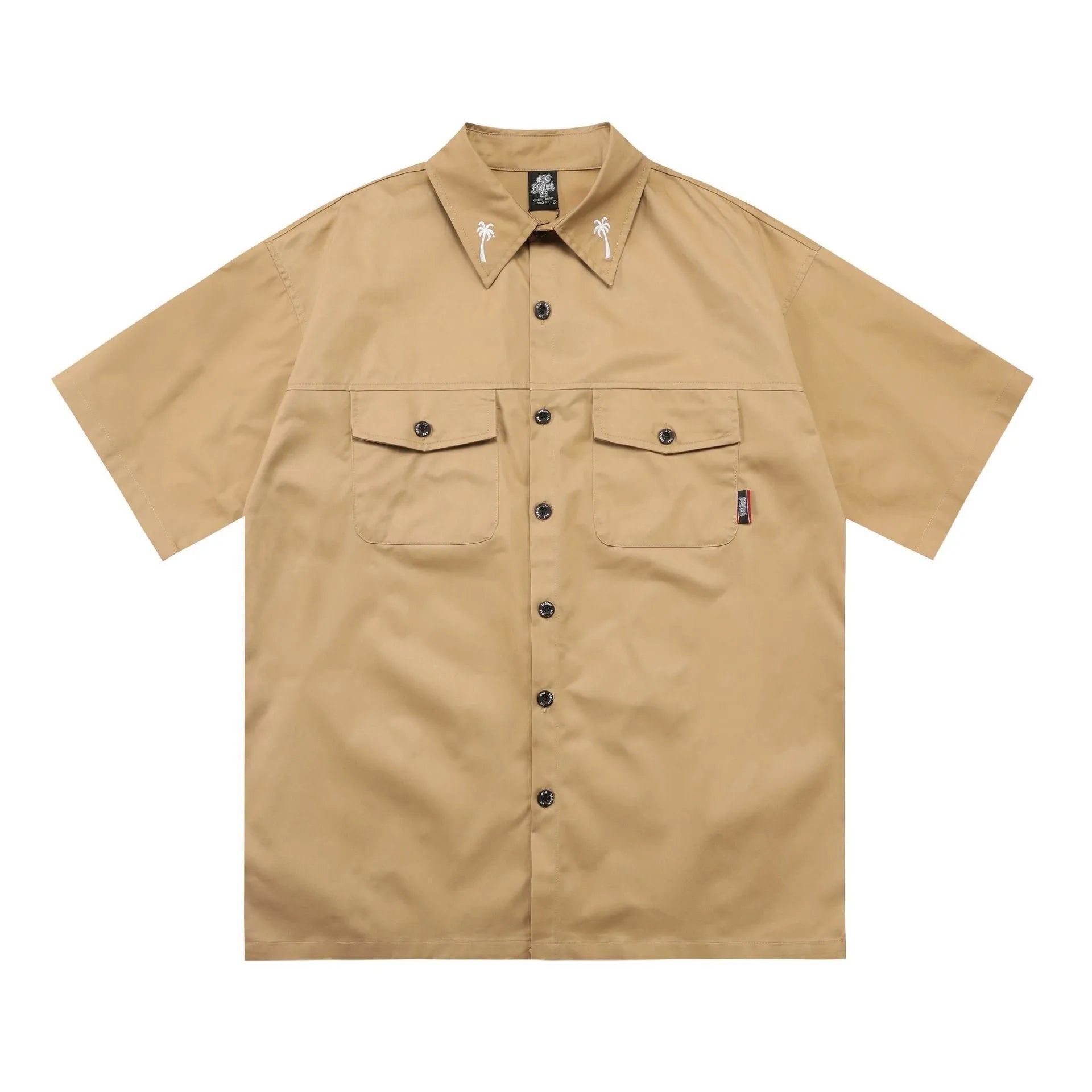Men's black plus-size loose fit cotton blend shirt with embroidered pocket detail and half sleeves