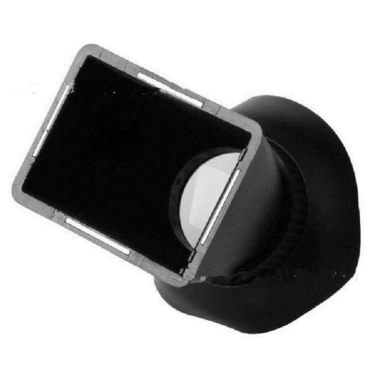 Black camera framing amplifier with magnetic mount attached to a DSLR LCD screen.
