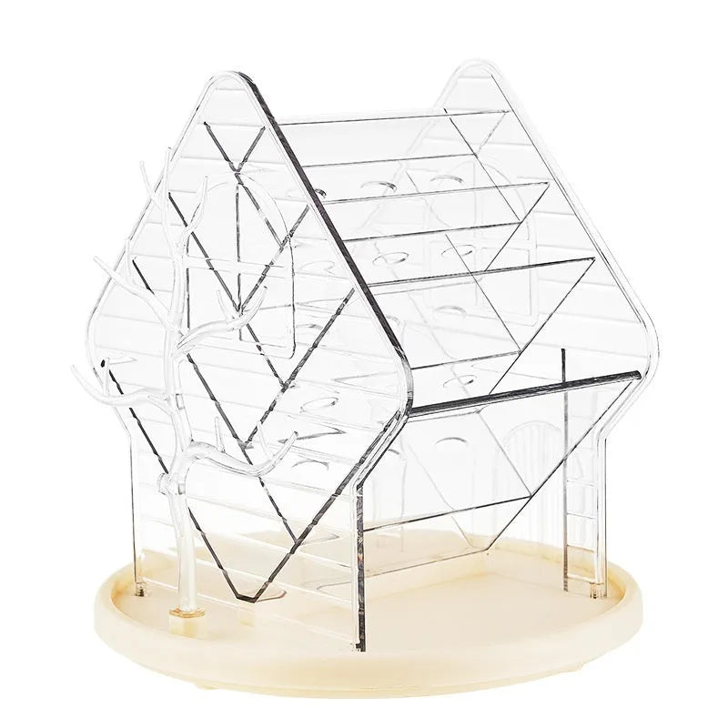Rotating cosmetics storage box with 360-degree rotation in clear and amber gold plastic