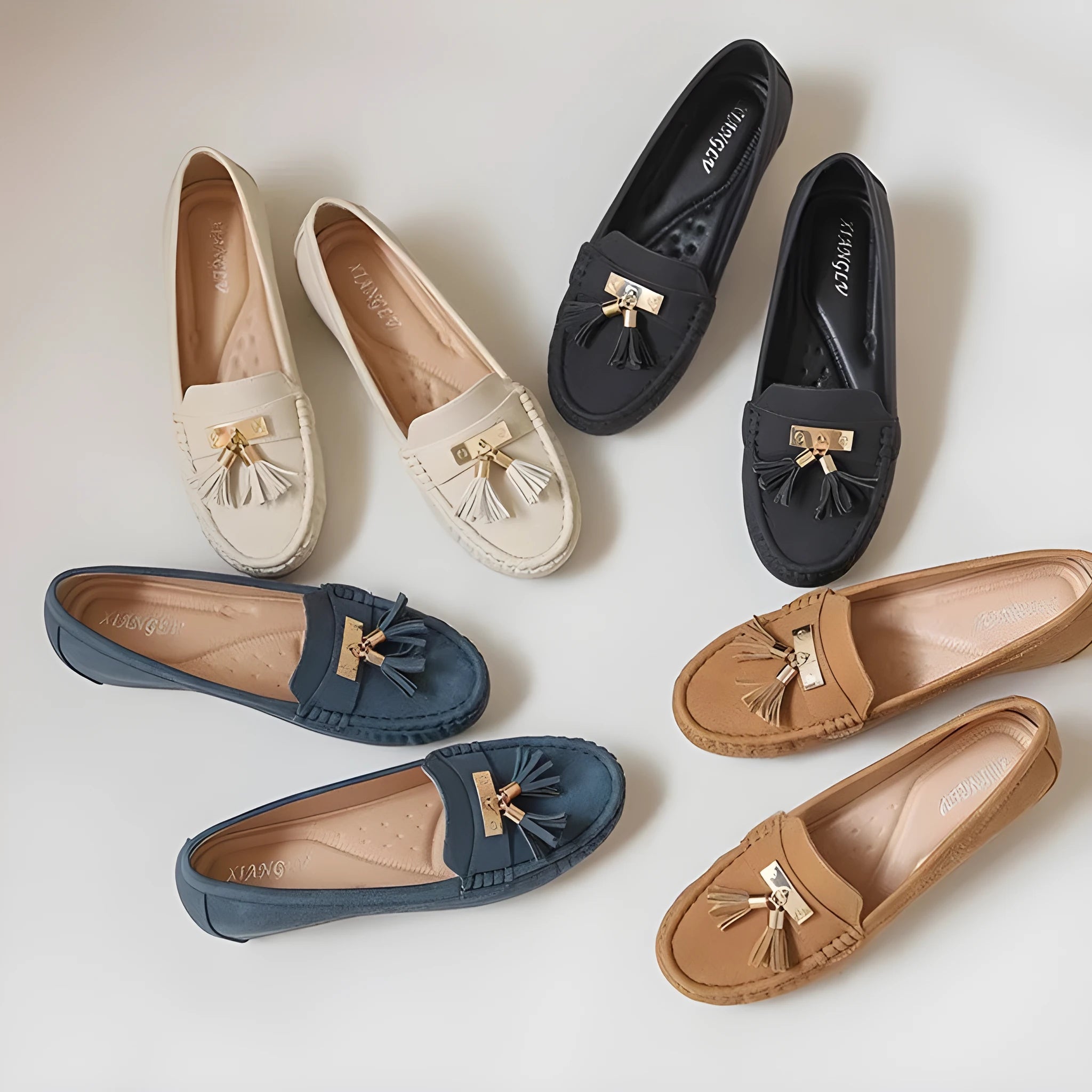 Flat heel height increasing insole work shoes with mid heel in beige, black, blue, and brown colours