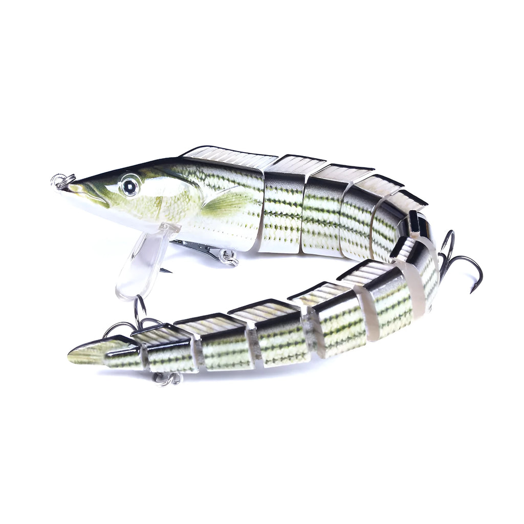 Multi-section soft plastic loach fishing lure showing articulated design and natural colour pattern