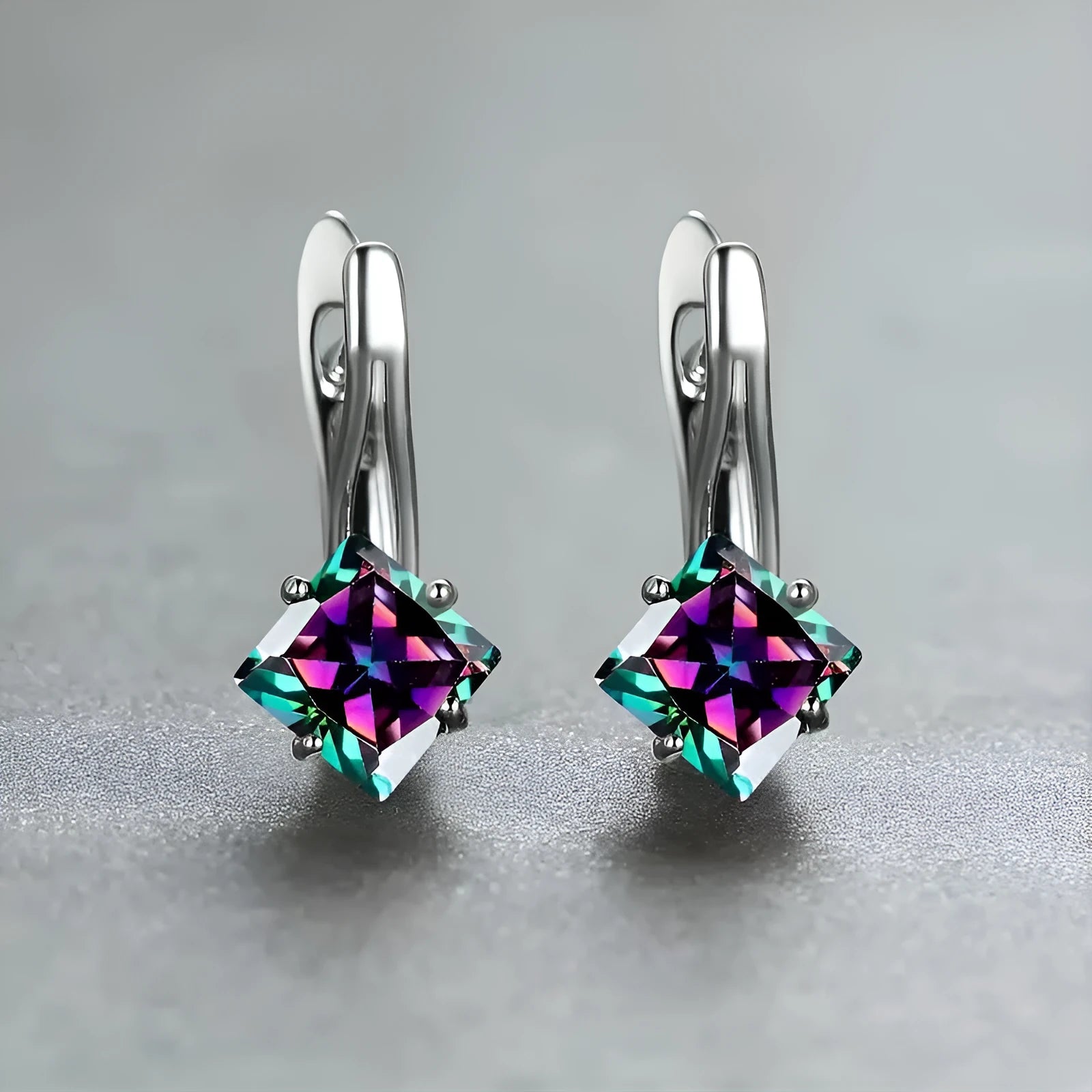 Copper diamond design earrings with inlaid zircon stones in blue, green and colour variations